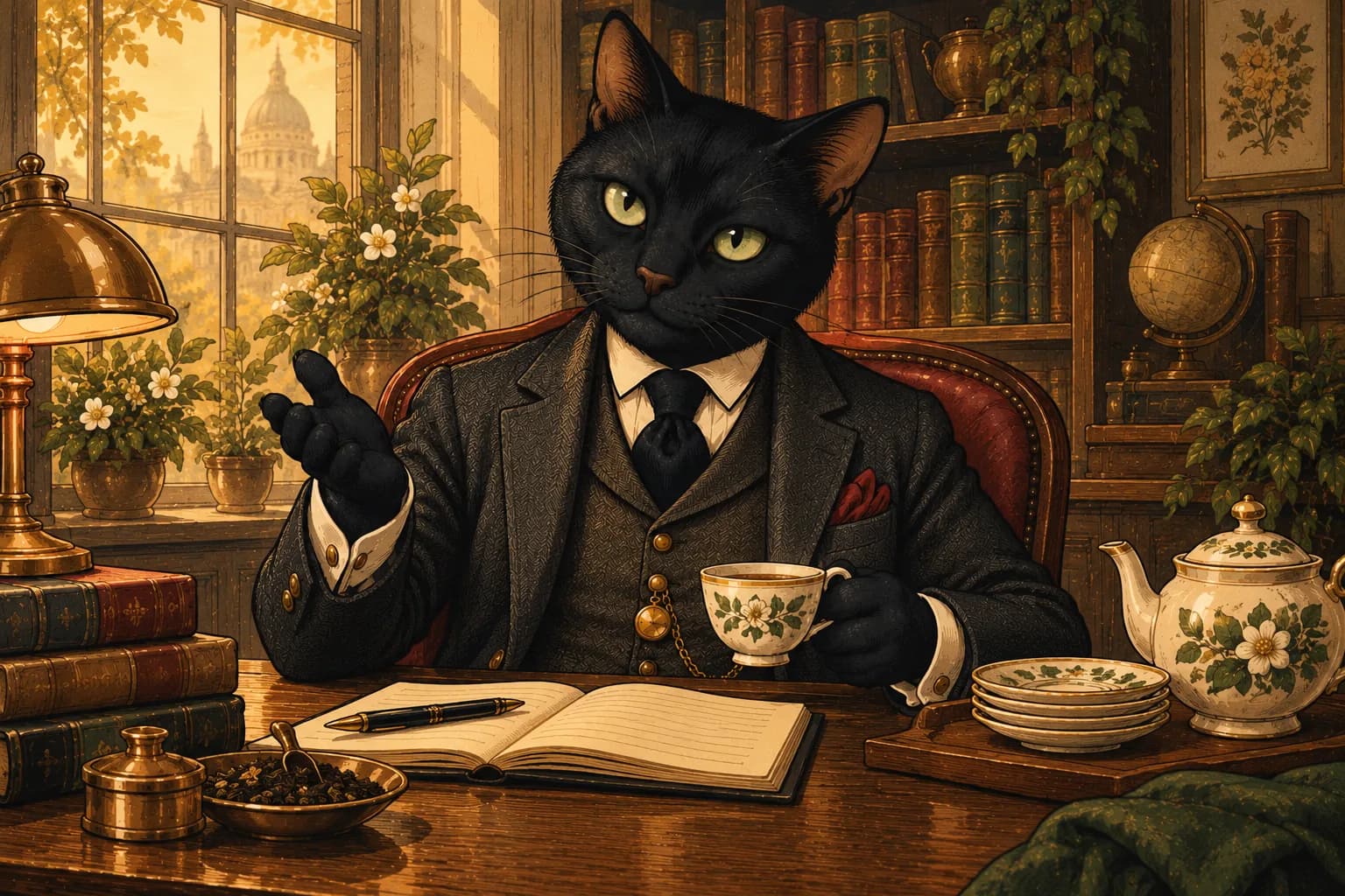 Thirteen sits at a desk with an open notebook and a cup of tea, one hand raised as he speaks.