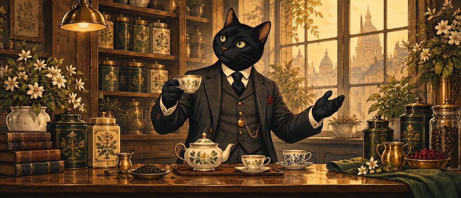 Thirteen, a black cat in a tailored waistcoat, stands behind a tea counter holding a teacup and gesturing into the room.