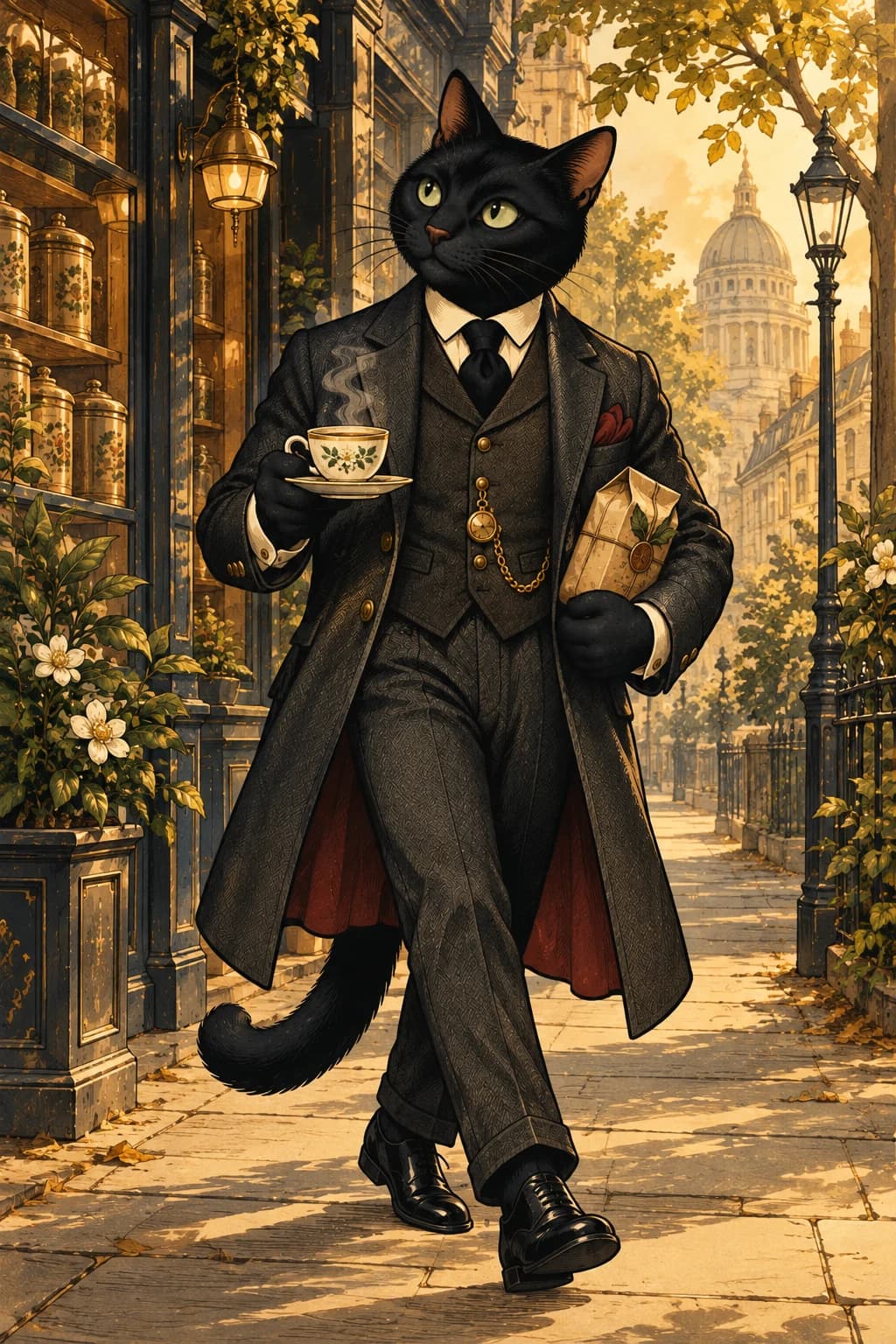 Thirteen, a black cat in a tailored waistcoat, stands for a portrait.