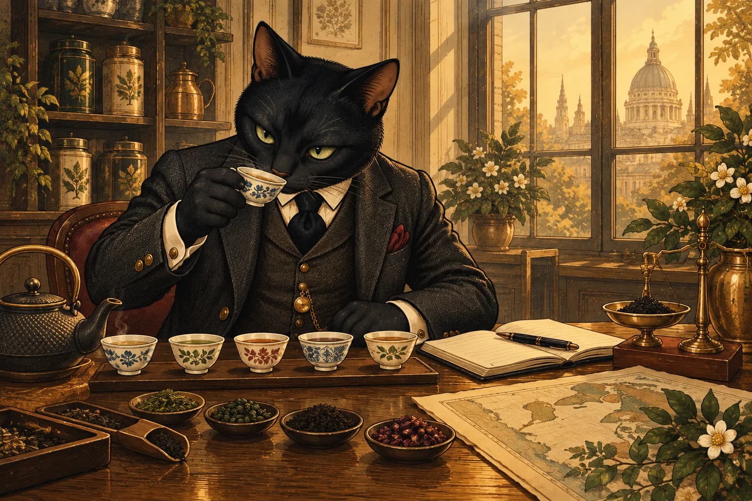 Thirteen tastes tea from a row of cups at a wooden table, with a notebook beside him.